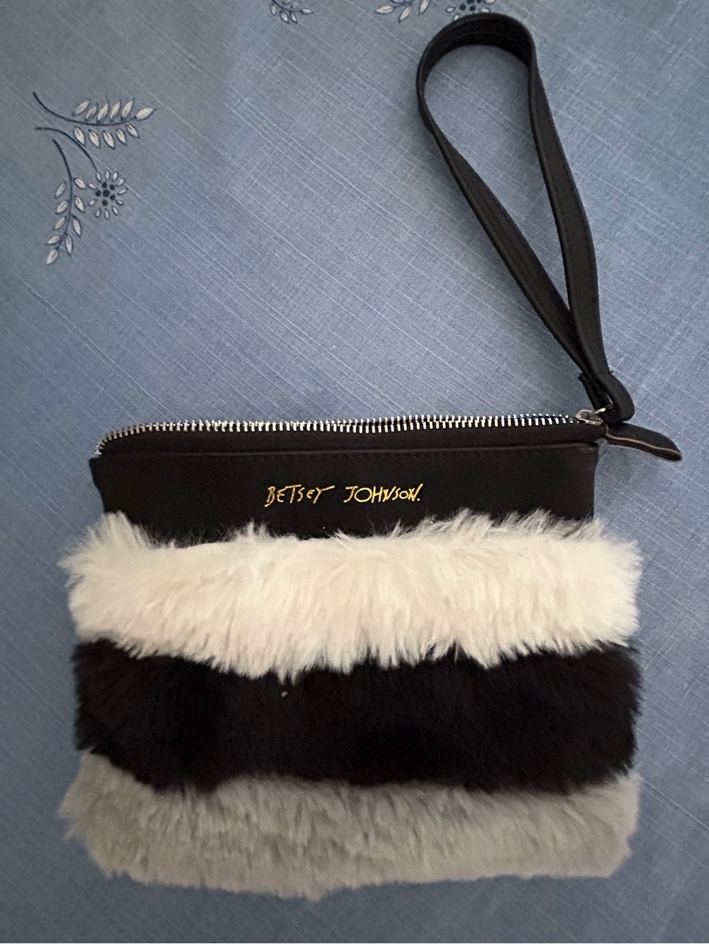 Betsey Johnson Black, White & Gray Faux Fur Stripe Wristlet
